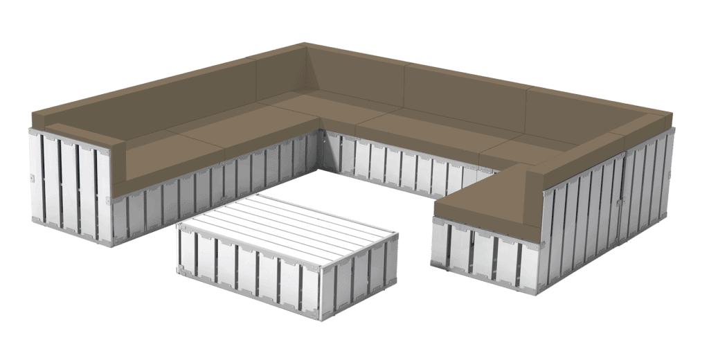 Aluminum outdoor sectional sofa with beige cushions for patio lounging and entertainment.