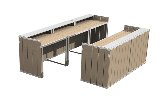 Heavy-duty shipping containers with modular workbenches for industrial use.