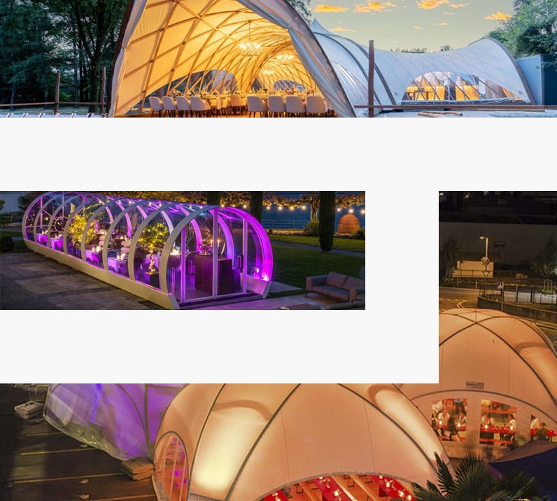 Multiple tents photos masked with the EJH logo