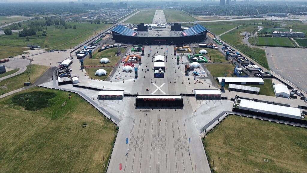 Rogers Centre stadium exterior during event, aerial view showcasing large venue and surrounding facilities, ideal for sports, concerts, and large gatherings in Toronto, Canada.