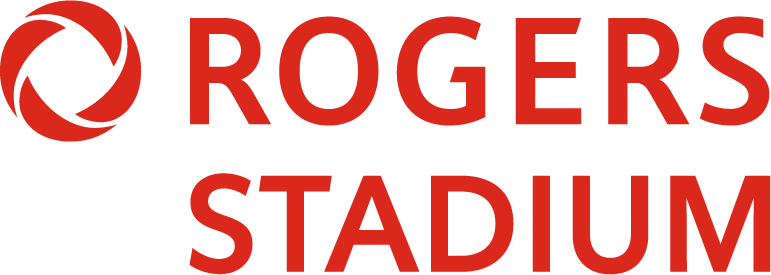 Close-up of Rogers Stadium logo featuring vibrant red and black colors.