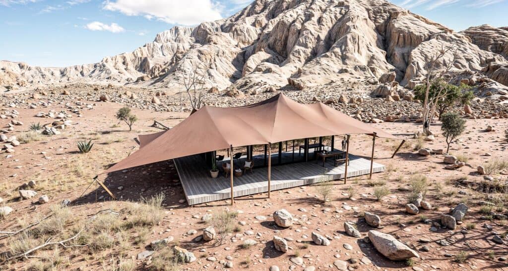 Modern outdoor event tent in a desert landscape with rocky terrain and minimal vegetation. Perfect for rugged, off-grid gatherings, showcasing durable, stylish shelter solutions by EJH Distribution.