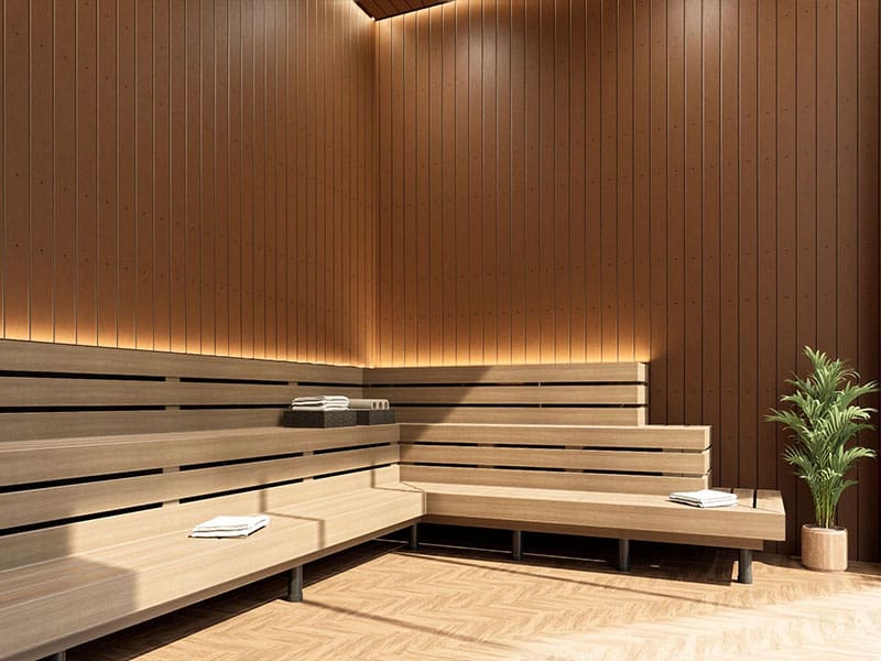 Sleek wooden sauna room interior featuring modern design, warm lighting, and comfortable benches for relaxation. Perfect for wellness and health retreats, showcasing high-quality wood distribution.