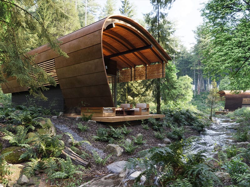 Modern eco-friendly cabin with wooden exterior nestled in lush forest environment for sustainable living and outdoor relaxation.