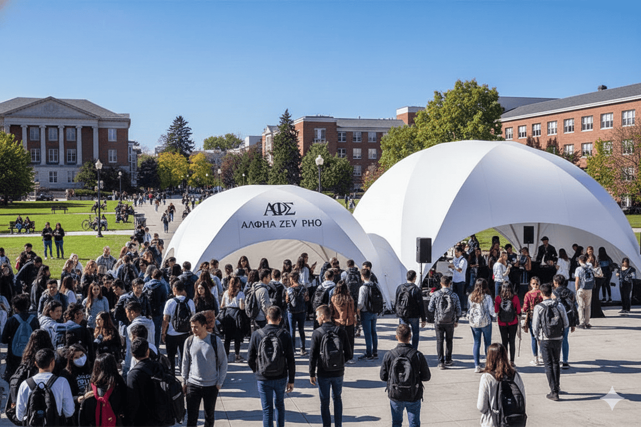 Students gathered at a university campus event in a large outdoor plaza, with tents featuring Greek letters and welcoming crowds.