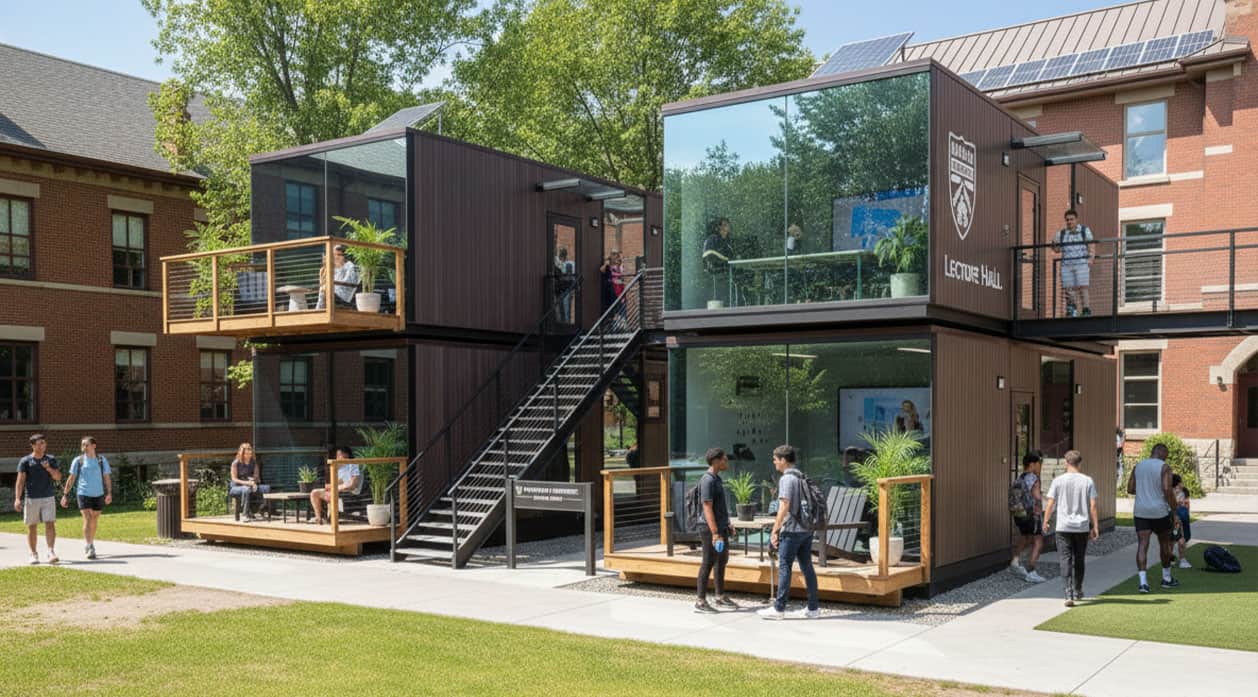 A contemporary two-story student lounge featuring glass walls, outdoor seating, and a modern design on a college campus. Students gather outdoors, enjoying study spaces and socializing in a vibrant environment.