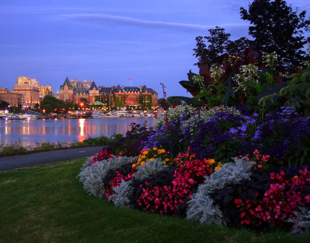 Colorful flower garden with a river and city skyline at dusk in Victoria, British Columbia, showcasing vibrant floral arrangements and waterfront views.