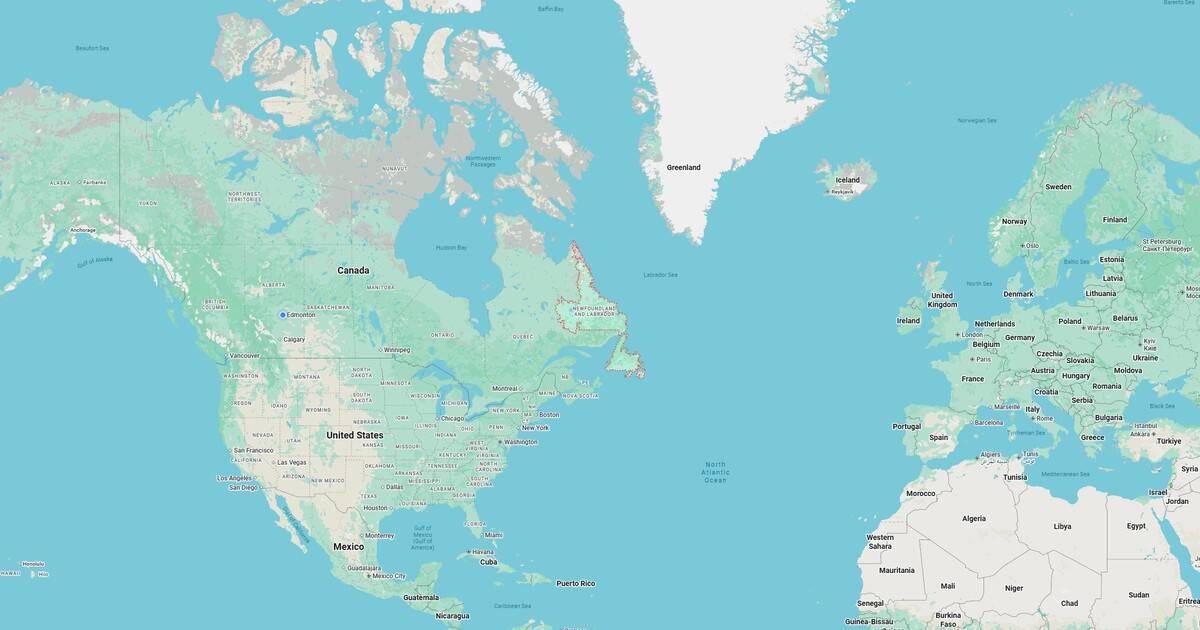 High-resolution map showing North American and European countries, major cities, and bodies of water, useful for geographical reference and travel planning.