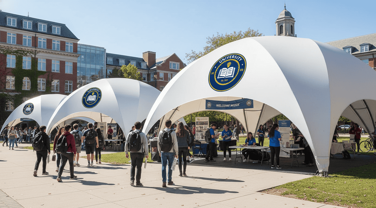 Modern university outdoor event tents with students and staff at a campus fair on a sunny day.