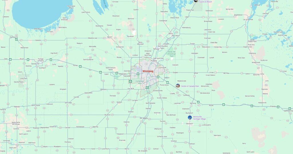 EJH Distribution logistics and distribution services map in Winnipeg, showcasing their coverage and transportation network across Manitoba and surrounding regions.