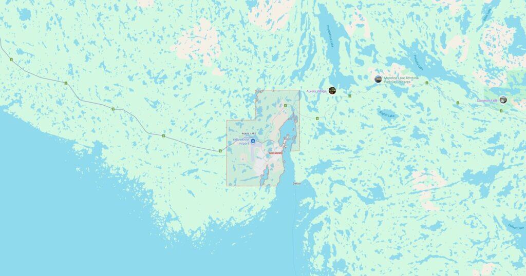 Northern Minnesota map highlighting Yellowknife Airport, Range Lake, Aurora Village, and nearby lakes and parks, showcasing EJH Distribution’s logistics network in the region.