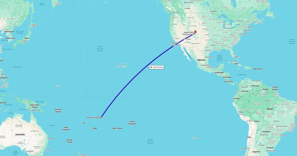 A map showcasing a flight route from American Samoa to Los Angeles, California, highlighting travel distance and duration across the Pacific Ocean.