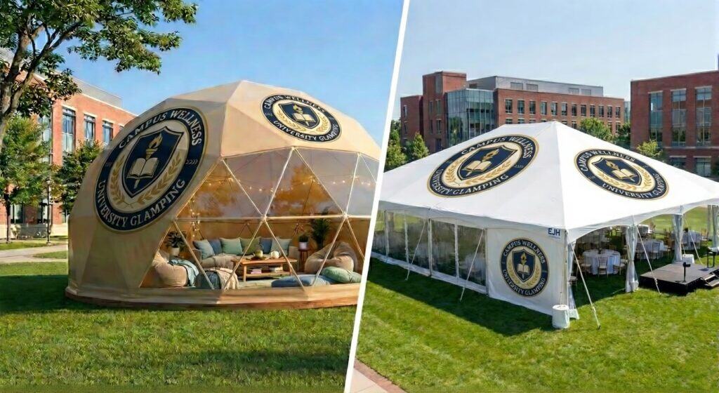 High-quality campus wellness dome with transparent geodesic design, perfect for outdoor events, student gatherings, and relaxation spaces on university campuses. Custom branding available.