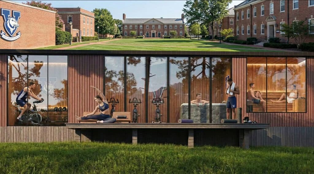 Interior and exterior view of a college fitness center, showing workout spaces, yoga, and relaxation areas, surrounded by campus buildings and greenery.