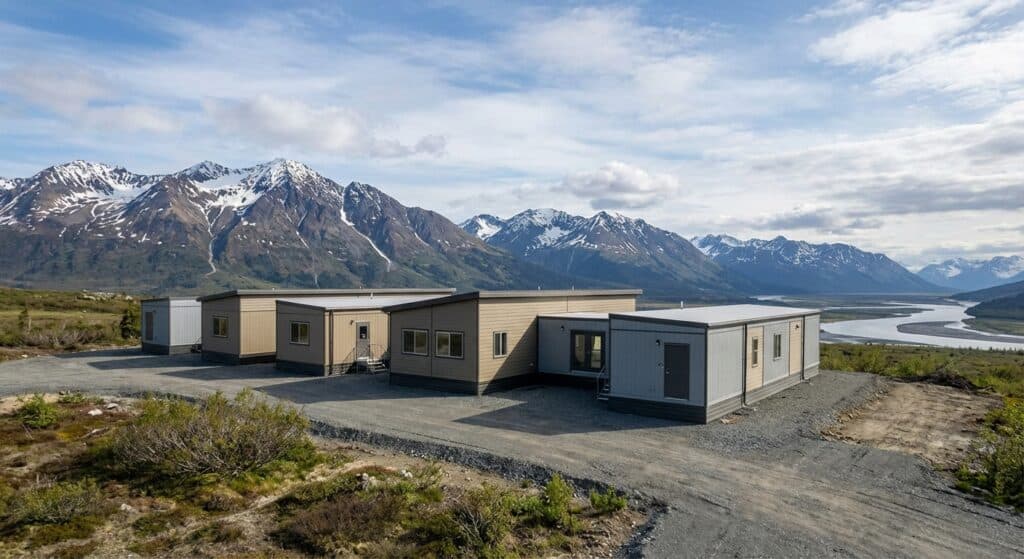 Bright, spacious cabins with large windows overlooking snow-capped mountains and a tranquil river.