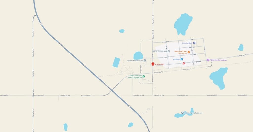 Detailed map showing lakes, roads, and landmarks in the local area for navigation and geographic reference.