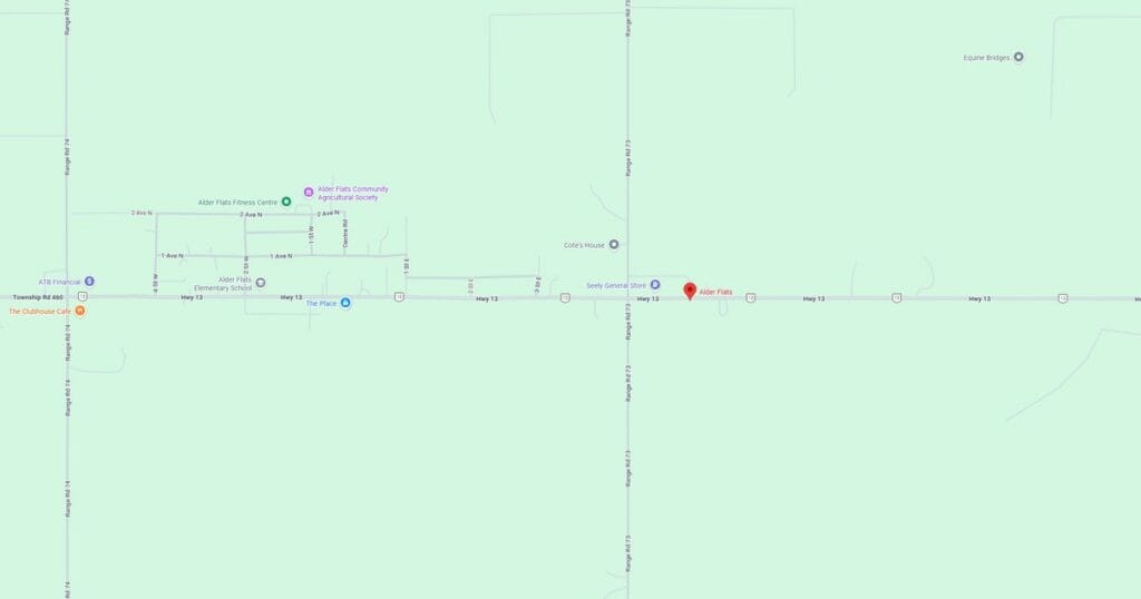 Detailed map showing local streets, intersections, and nearby points of interest in a rural community.