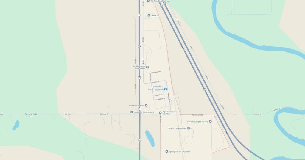 Detailed map showing roads, waterways, and land features in a rural setting, highlighting transportation routes and natural landscape elements.