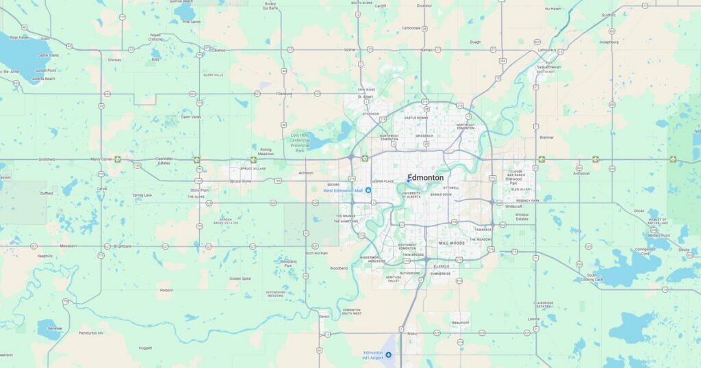 Detailed map of Edmonton, Alberta, highlighting major roads, highways, and natural features in the region.