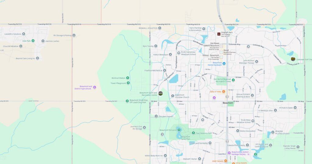 City map showing parks, lakes, roads, and neighborhoods for navigation and urban planning.