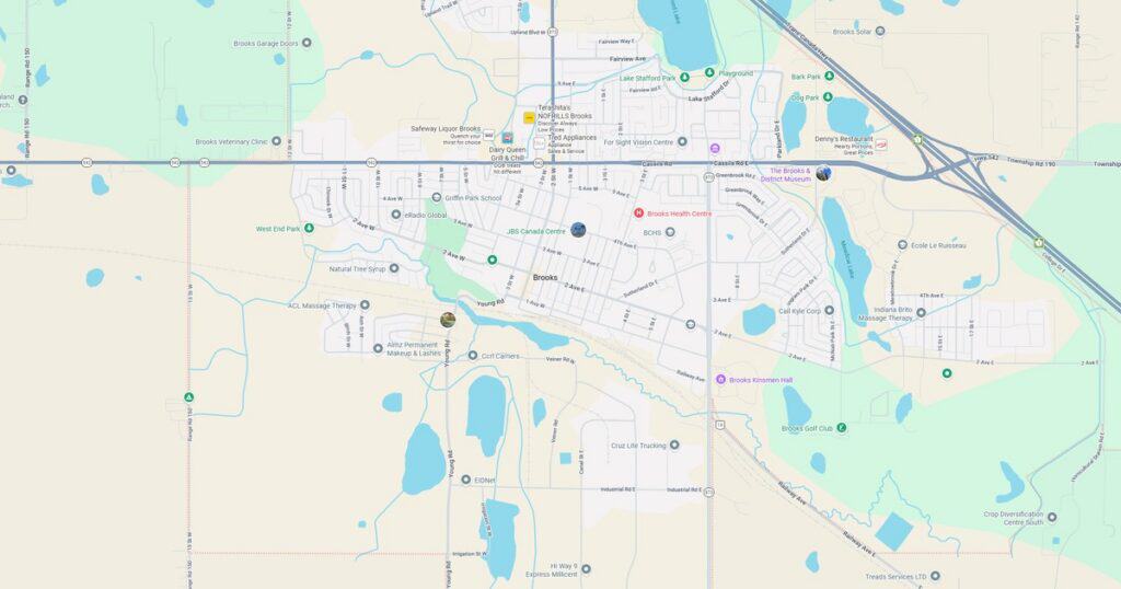 Map showing streets, water bodies, and green spaces in a residential community.