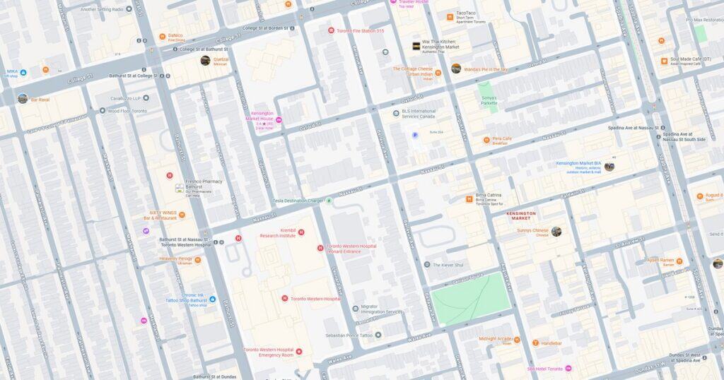 Urban street map showing roads, intersections, parks, and key locations in a city.