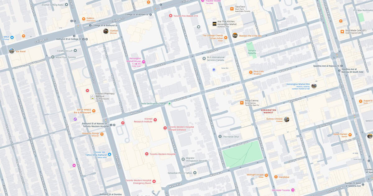 Urban street map showing roads, intersections, parks, and key locations in a city.