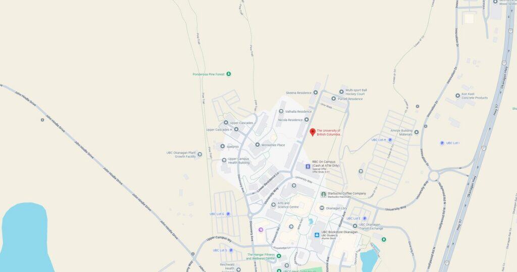 A map of a lakeside town showing streets, landmarks, and natural features, including a lake, parks, and residential areas.