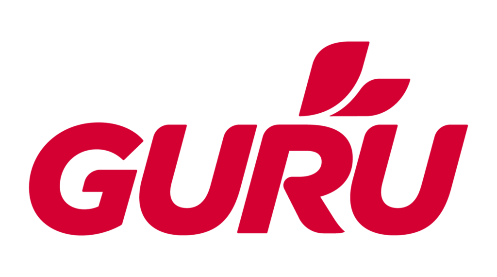 Guru Energy logo featuring bold red text with a leaf accent, representing energy and vitality.