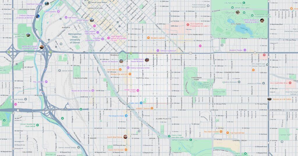 Detailed city map highlighting major streets, parks, and landmarks in downtown area. Includes transportation routes, public transit stops, and points of interest for navigation.