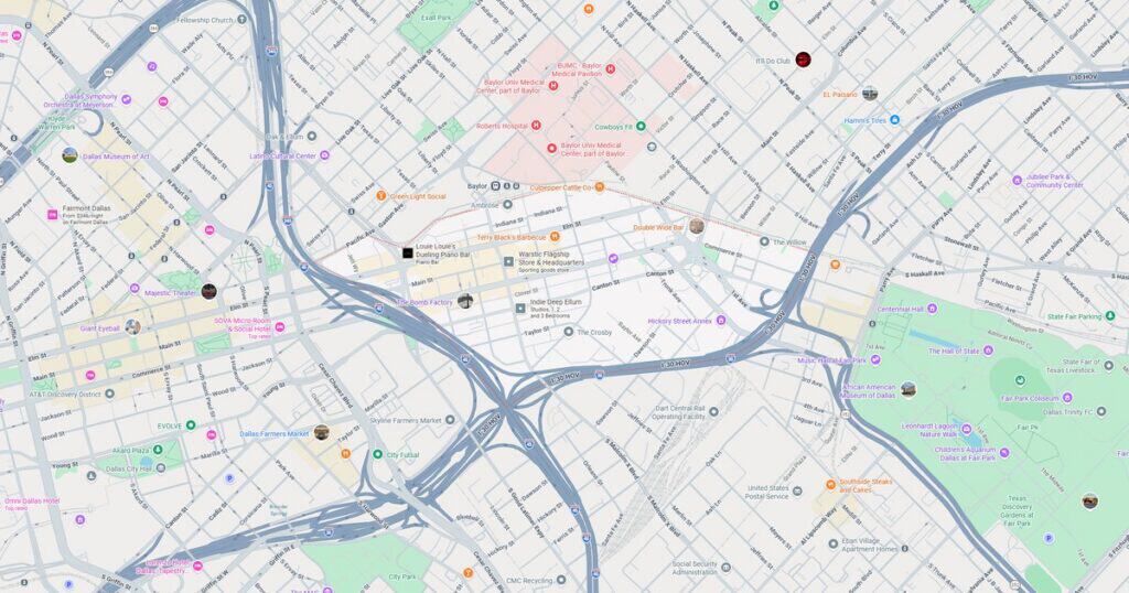 Downtown city map highlighting major transit routes, highways, and green parks for urban navigation and planning.