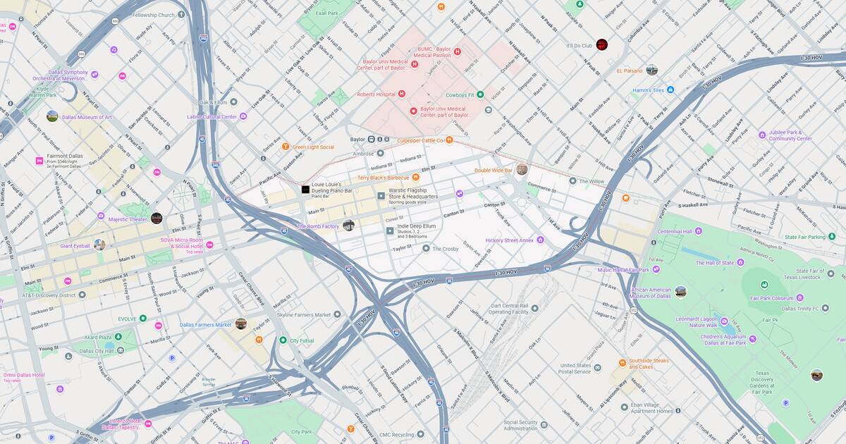 Downtown city map highlighting major transit routes, highways, and green parks for urban navigation and planning.