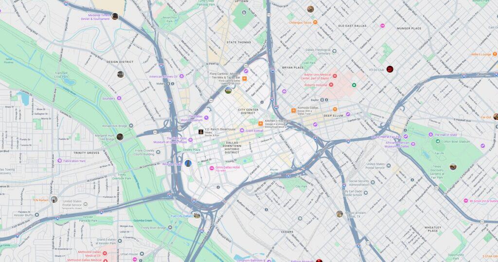 Detailed city map highlighting transit routes, parks, and key landmarks in the downtown area.