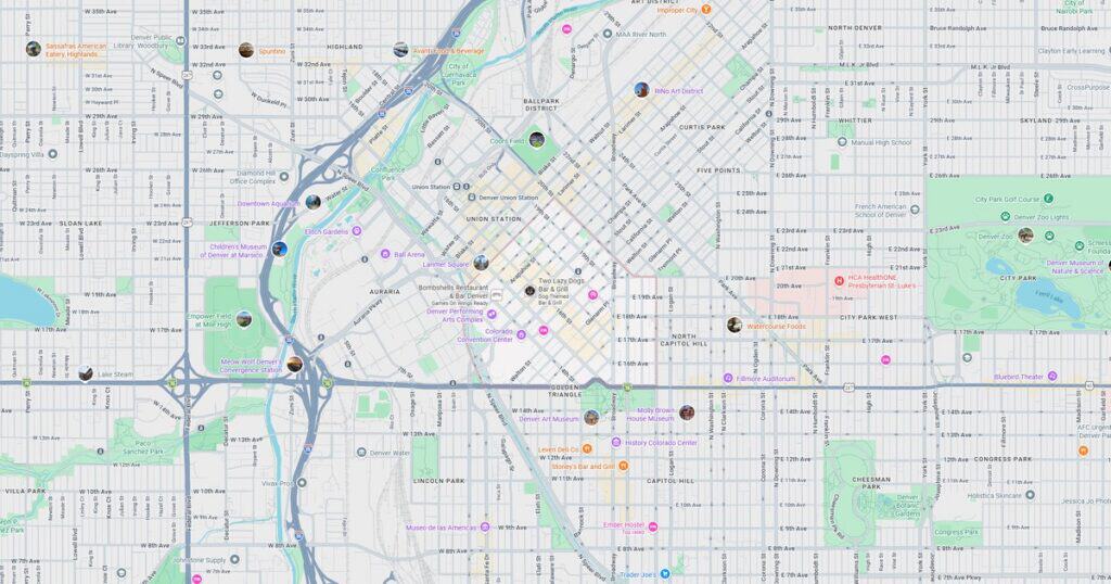 Detailed city map showing streets, parks, and points of interest in the downtown area.