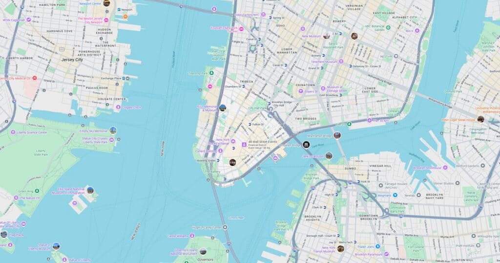 Map of New York City ferry routes showing various terminals and water transit options across Manhattan, Brooklyn, Queens, and surrounding areas.