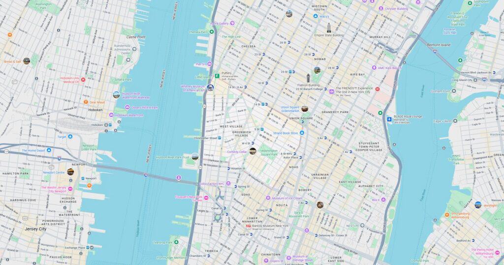 Map of New York City highlighting streets, parks, and notable landmarks in Manhattan and surrounding areas.