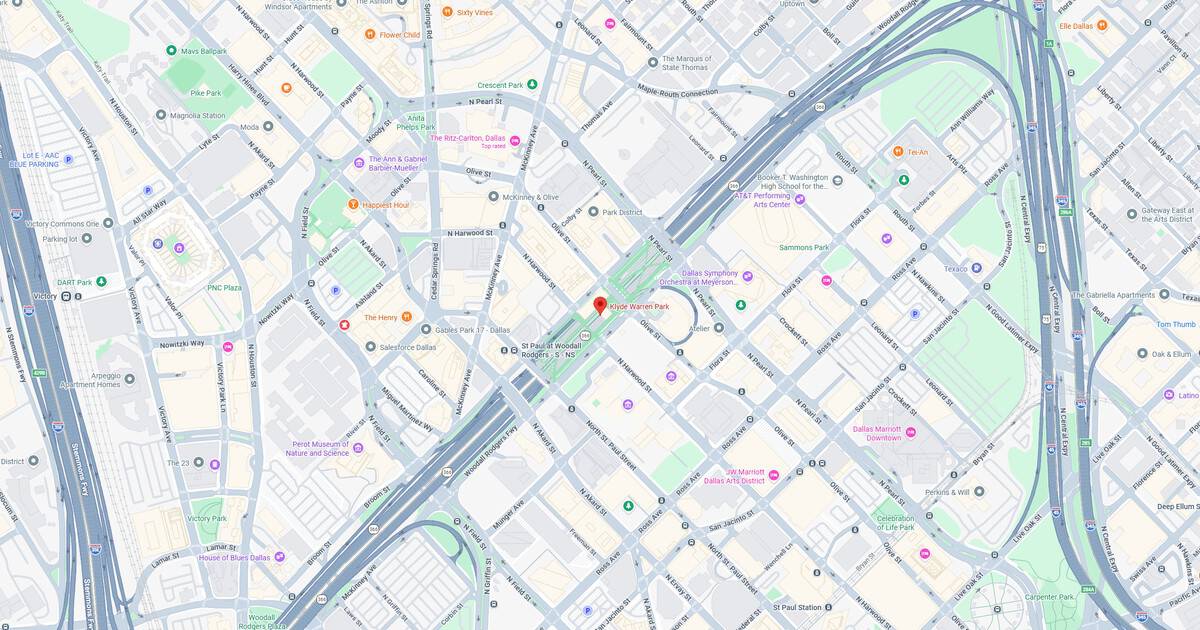 Map of downtown area showing streets, transit routes, and landmarks in a city.