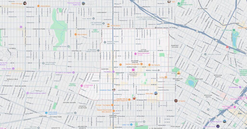 Detailed city map showing streets, parks, and transportation routes in downtown area.