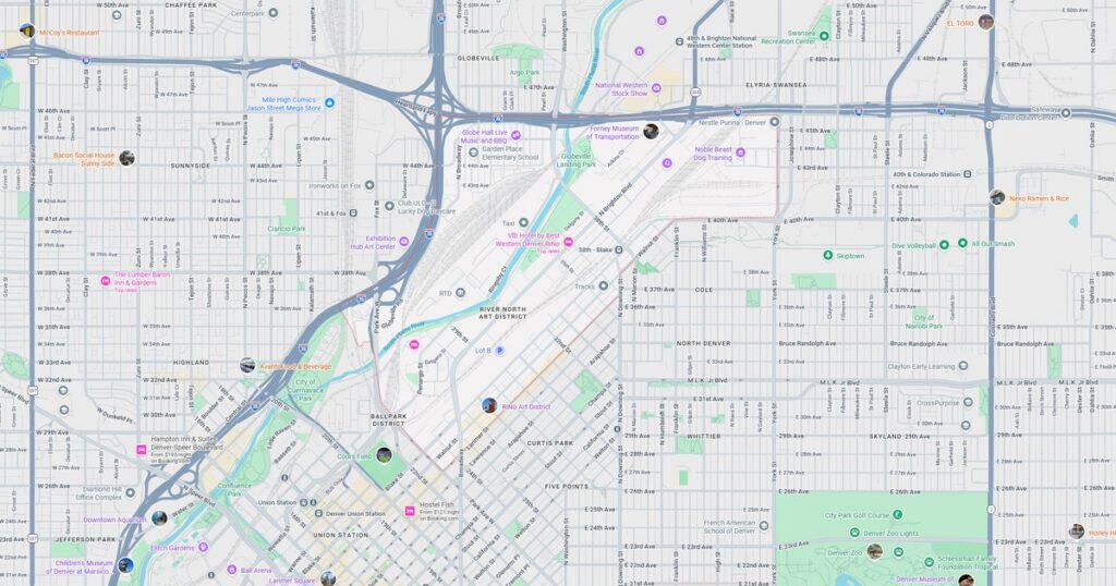 Detailed map of Denver showing highways, streets, parks, and points of interest.