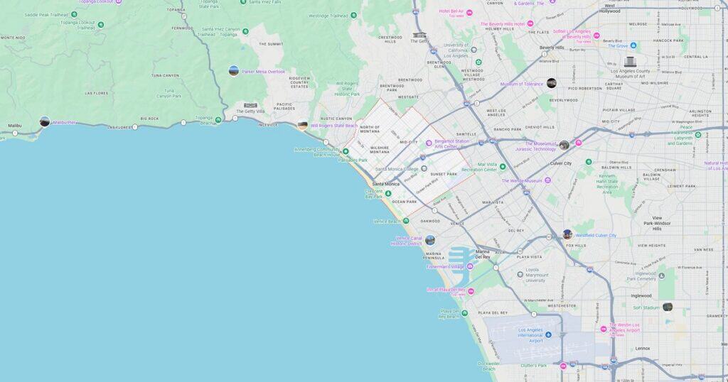 Map of Los Angeles public transportation system showing metro lines, bus routes, and key stations across the city.