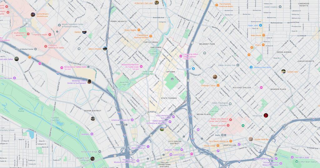 Detailed city map highlighting major landmarks, streets, parks, and public transportation routes in the downtown area.
