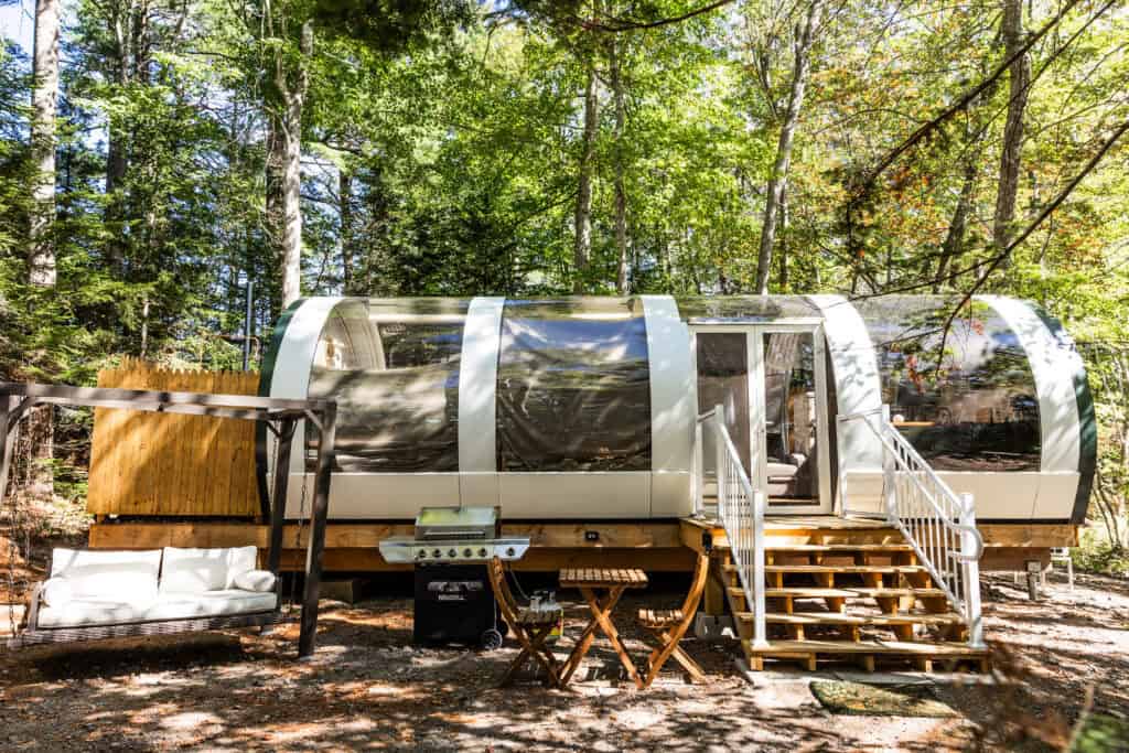 Mobile home in a lush green forest, surrounded by tall trees and natural scenery.