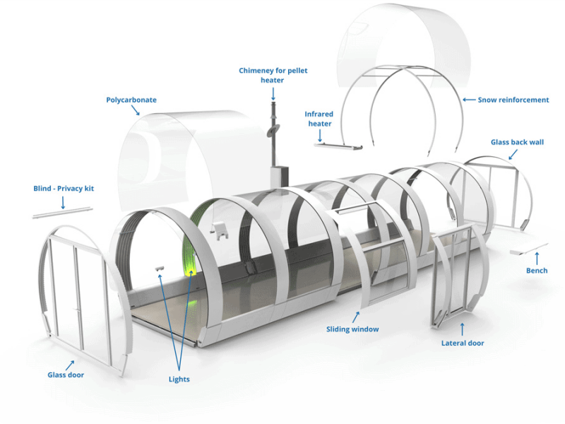 Polycarbonate greenhouse structure with snow reinforcement, infrared heater, and sliding windows for plant growth.