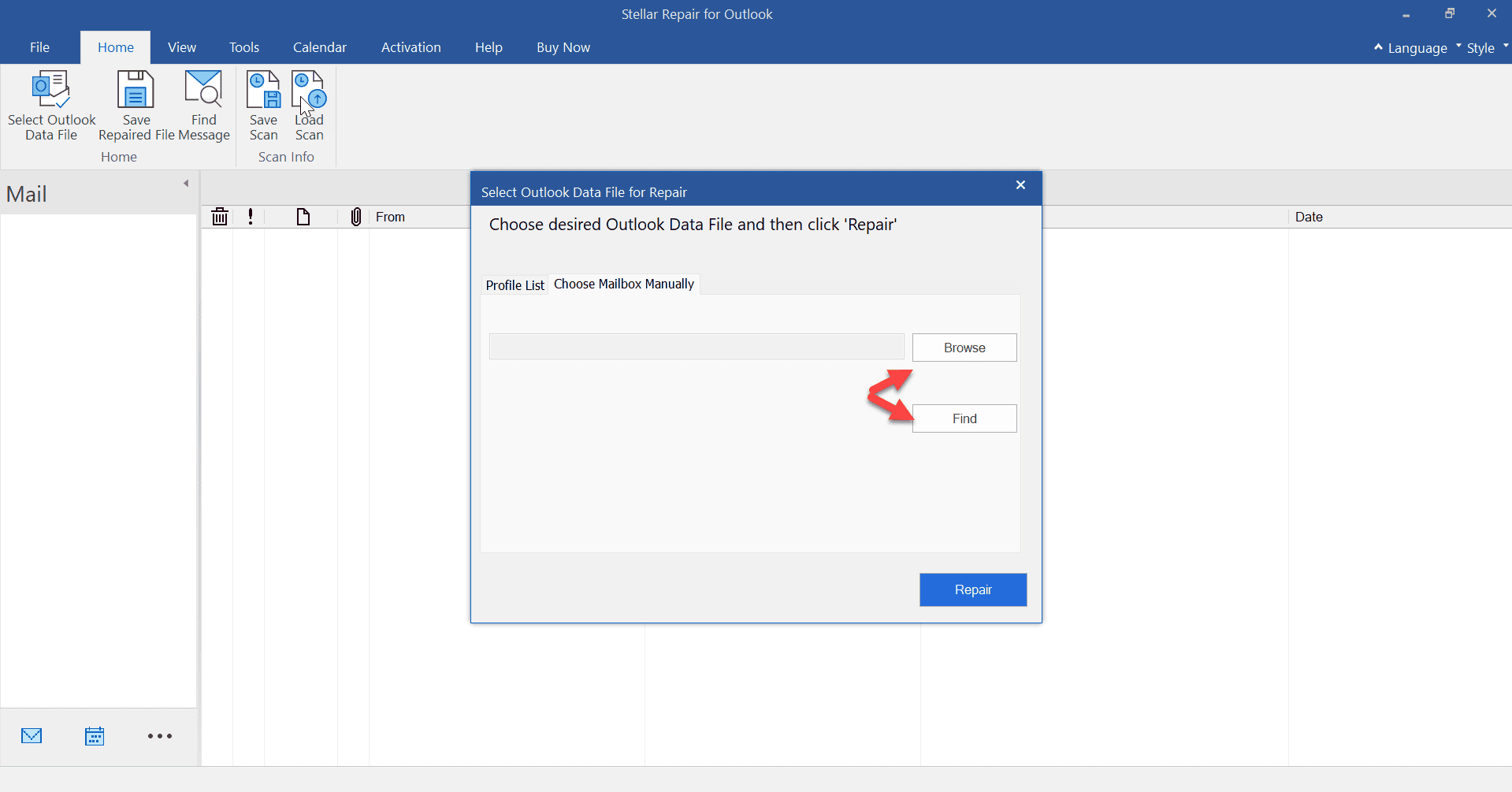 search option in Stellar Repair for Outlook 