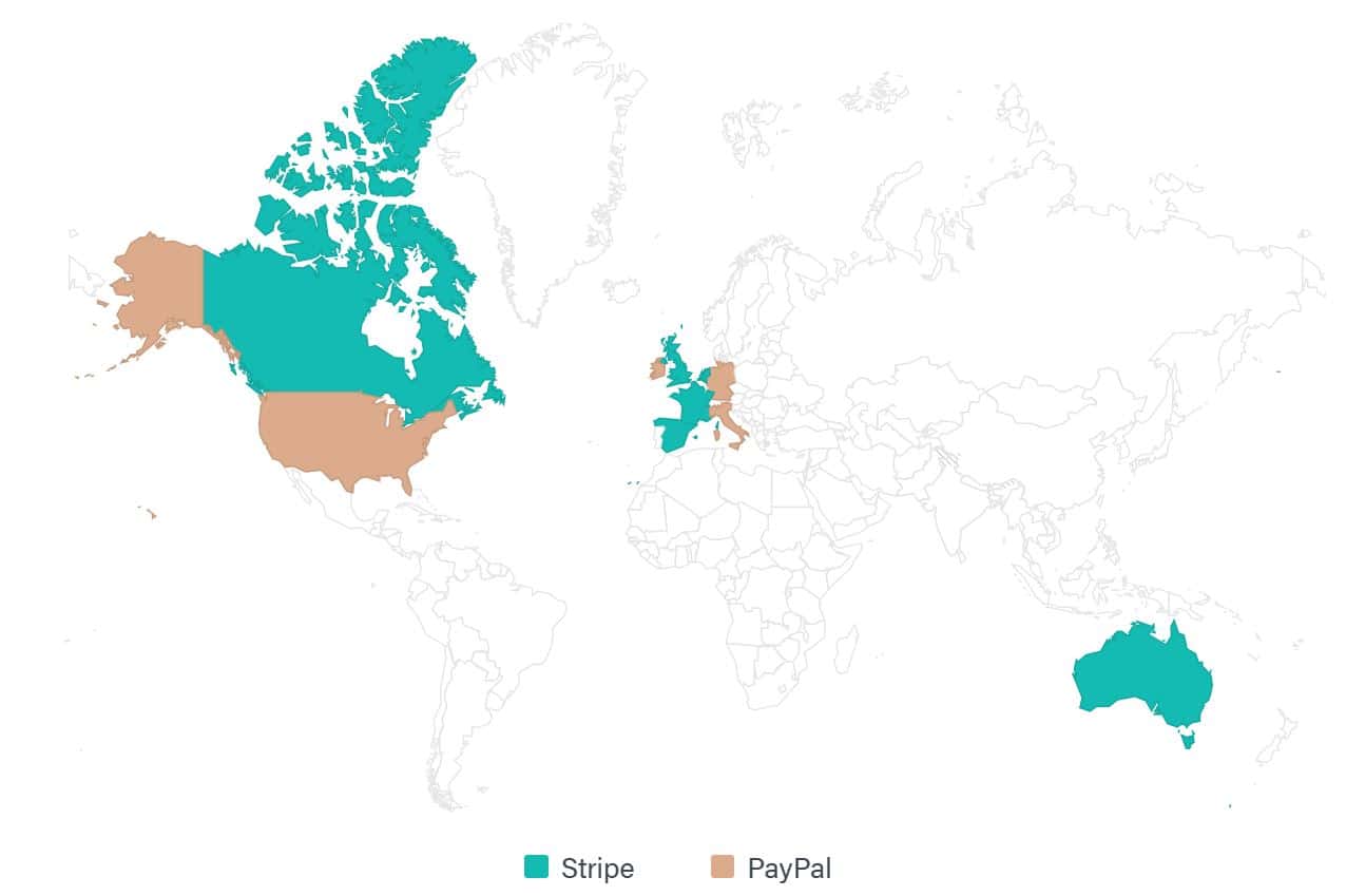 Compare Stripe vs PayPal customers by geography