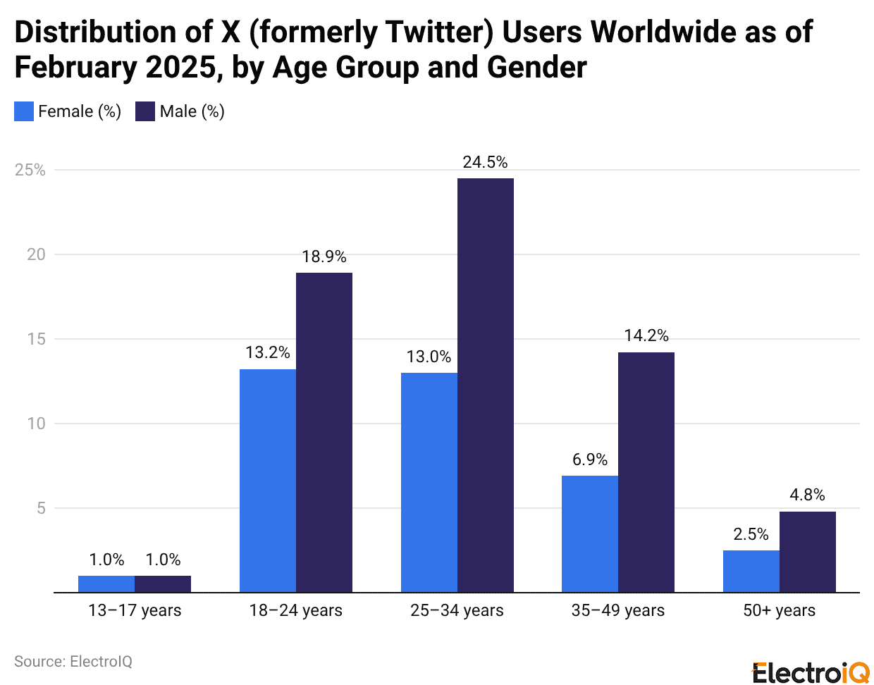 Distribution of X (formerly Twitter) Users Worldwide as of February 2025, by Age Group and Gender
