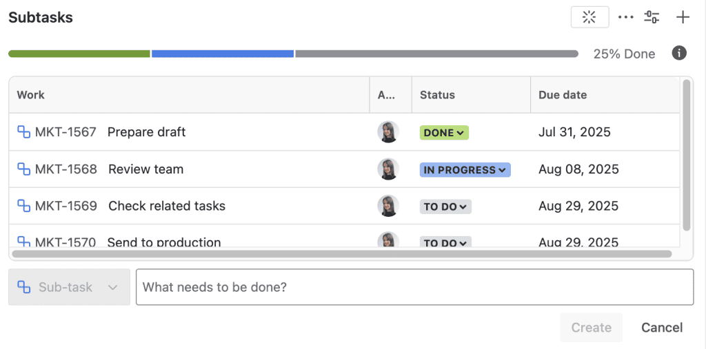Subtasks list in Jira