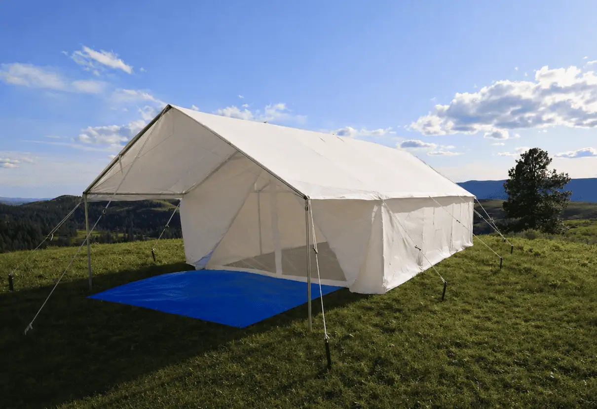 canvas tent with awning and front screen door