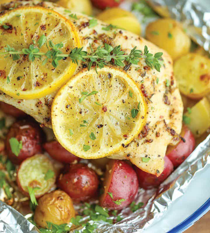 Lemon chicken and potatoes in foil