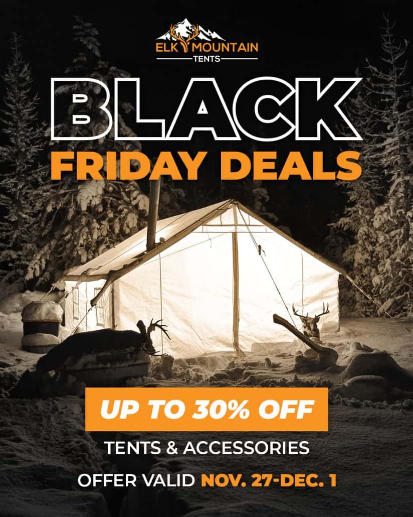 Image of Elk Mountain canvas tent in the dark with light coming from inside and "Black Friday Deals" wording on the image